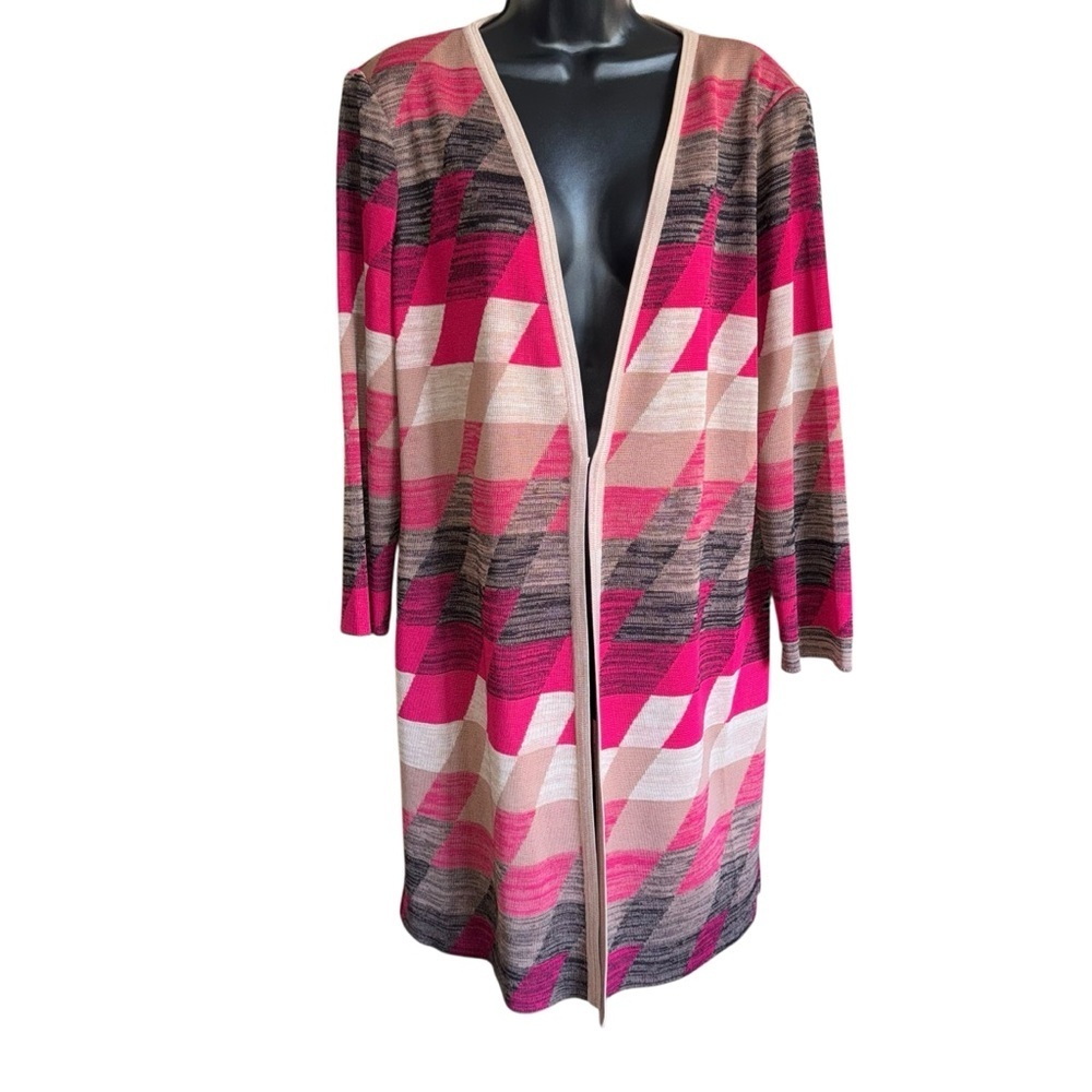 Misook Geometric Open Front Knit Cardigan Pink Tan Brown Size Large NWOT